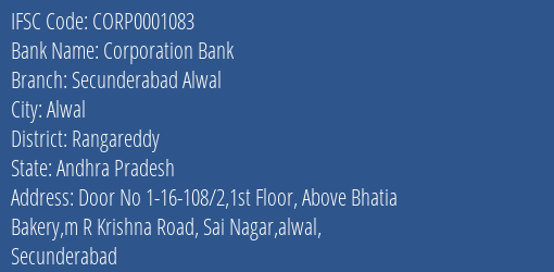 Corporation Bank Secunderabad Alwal Branch Rangareddy IFSC Code CORP0001083