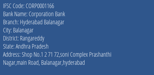 Corporation Bank Hyderabad Balanagar Branch Rangareddy IFSC Code CORP0001166