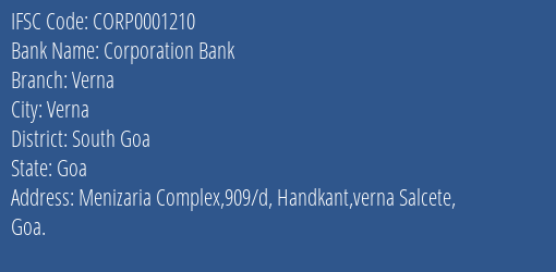 Corporation Bank Verna Branch South Goa IFSC Code CORP0001210