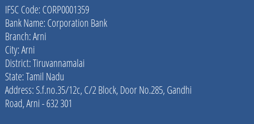 Corporation Bank Arni Branch Tiruvannamalai IFSC Code CORP0001359