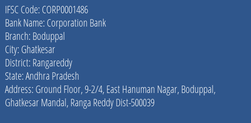 Corporation Bank Boduppal Branch Rangareddy IFSC Code CORP0001486