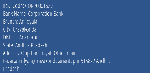 Corporation Bank Amidyala Branch Anantapur IFSC Code CORP0001629