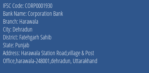 Corporation Bank Harawala Branch Fatehgarh Sahib IFSC Code CORP0001930