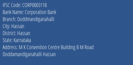 Corporation Bank Doddmandiganahalli Branch Hassan IFSC Code CORP0003118
