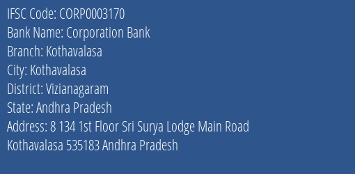 Corporation Bank Kothavalasa Branch Vizianagaram IFSC Code CORP0003170