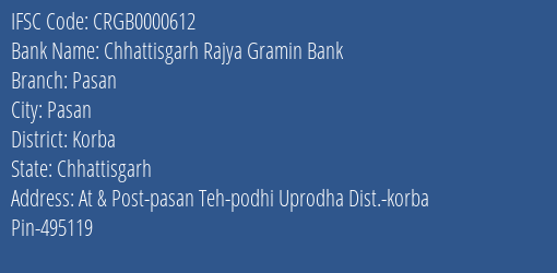 Chhattisgarh Rajya Gramin Bank Pasan Branch Korba IFSC Code CRGB0000612