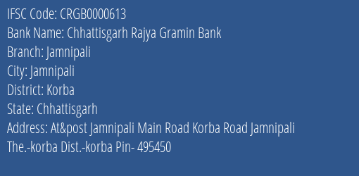 Chhattisgarh Rajya Gramin Bank Jamnipali Branch, Branch Code 000613 & IFSC Code Crgb0000613