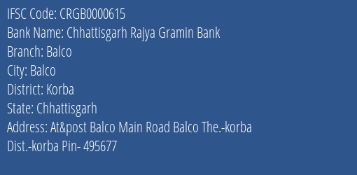 Chhattisgarh Rajya Gramin Bank Balco Branch, Branch Code 000615 & IFSC Code Crgb0000615