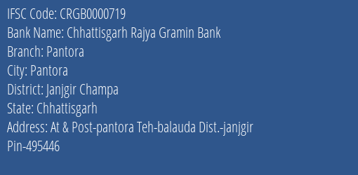 Chhattisgarh Rajya Gramin Bank Pantora Branch, Branch Code 000719 & IFSC Code Crgb0000719