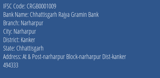 Chhattisgarh Rajya Gramin Bank Narharpur Branch, Branch Code 001009 & IFSC Code CRGB0001009