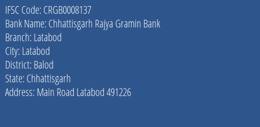 Chhattisgarh Rajya Gramin Bank Latabod Branch Balod IFSC Code CRGB0008137