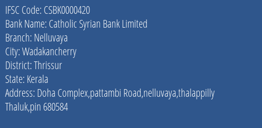 Catholic Syrian Bank Nelluvaya Branch Thrissur IFSC Code CSBK0000420