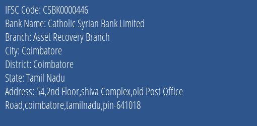Catholic Syrian Bank Asset Recovery Branch Branch Coimbatore IFSC Code CSBK0000446