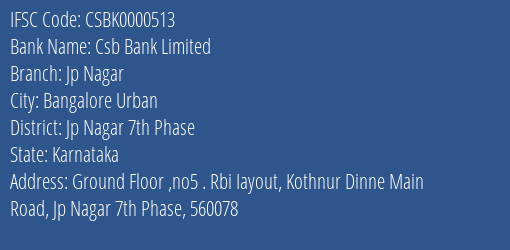 Csb Bank Jp Nagar Branch Jp Nagar 7th Phase IFSC Code CSBK0000513