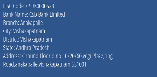 Csb Bank Anakapalle Branch Vishakapatnam IFSC Code CSBK0000528