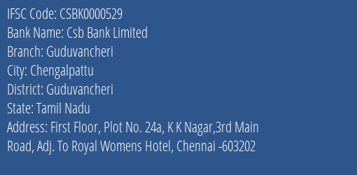 Csb Bank Guduvancheri Branch Guduvancheri IFSC Code CSBK0000529