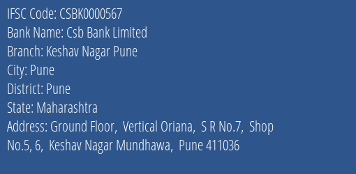 Csb Bank Limited Keshav Nagar Pune Branch, Branch Code 000567 & IFSC Code Csbk0000567