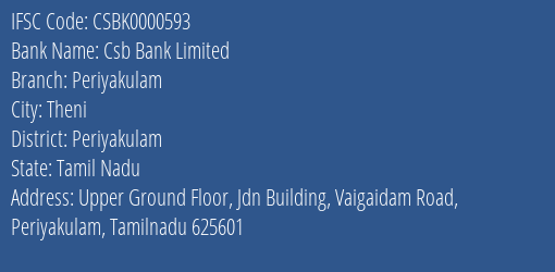 Csb Bank Limited Periyakulam Branch, Branch Code 000593 & IFSC Code Csbk0000593