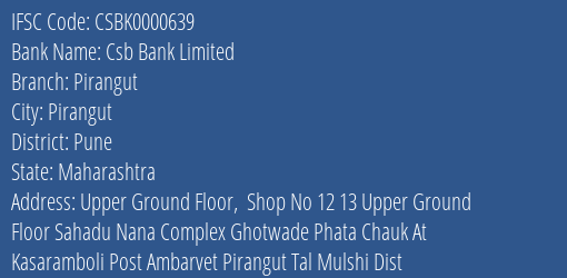 Csb Bank Limited Pirangut Branch, Branch Code 000639 & IFSC Code Csbk0000639