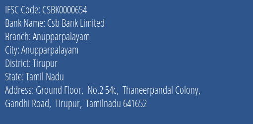 Csb Bank Limited Anupparpalayam Branch, Branch Code 000654 & IFSC Code Csbk0000654