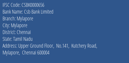 Csb Bank Mylapore Branch Chennai IFSC Code CSBK0000656