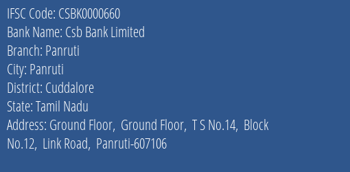 Csb Bank Limited Panruti Branch, Branch Code 000660 & IFSC Code Csbk0000660