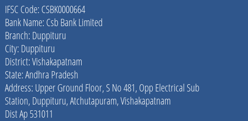 Csb Bank Duppituru Branch Vishakapatnam IFSC Code CSBK0000664