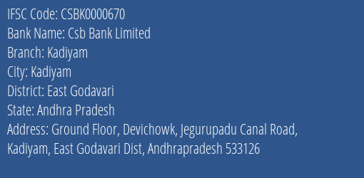 Csb Bank Kadiyam Branch East Godavari IFSC Code CSBK0000670