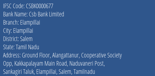 Csb Bank Limited Elampillai Branch, Branch Code 000677 & IFSC Code Csbk0000677