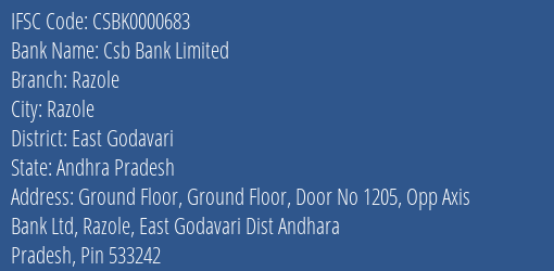 Csb Bank Limited Razole Branch, Branch Code 000683 & IFSC Code Csbk0000683