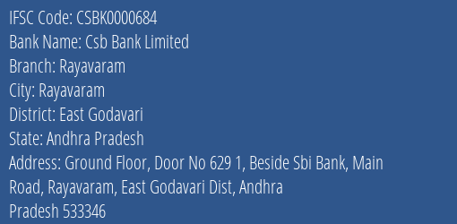 Csb Bank Limited Rayavaram Branch, Branch Code 000684 & IFSC Code Csbk0000684