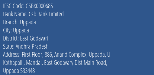 Csb Bank Uppada Branch East Godavari IFSC Code CSBK0000685