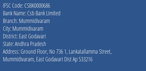 Csb Bank Limited Mummidivaram Branch, Branch Code 000686 & IFSC Code Csbk0000686