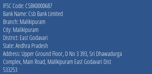 Csb Bank Malikipuram Branch East Godavari IFSC Code CSBK0000687