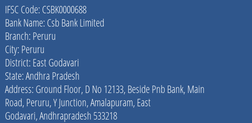 Csb Bank Peruru Branch East Godavari IFSC Code CSBK0000688