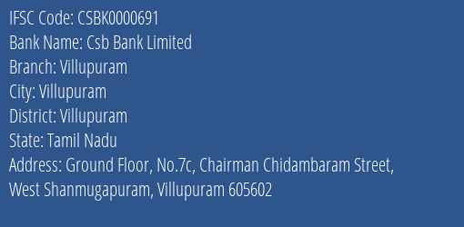 Csb Bank Limited Villupuram Branch, Branch Code 000691 & IFSC Code CSBK0000691