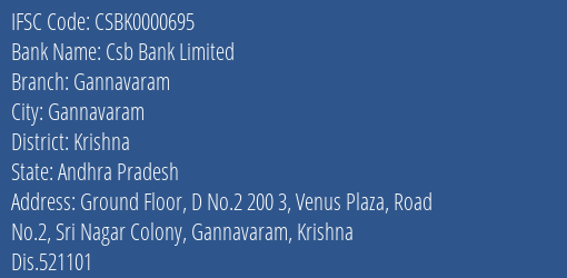 Csb Bank Limited Gannavaram Branch, Branch Code 000695 & IFSC Code Csbk0000695