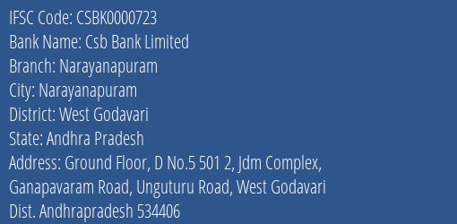 Csb Bank Narayanapuram Branch West Godavari IFSC Code CSBK0000723