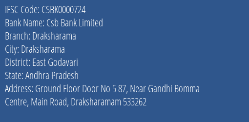 Csb Bank Draksharama Branch East Godavari IFSC Code CSBK0000724