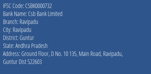 Csb Bank Ravipadu Branch Guntur IFSC Code CSBK0000732