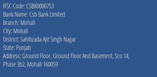 Csb Bank Limited Mohali Branch, Branch Code 000753 & IFSC Code Csbk0000753