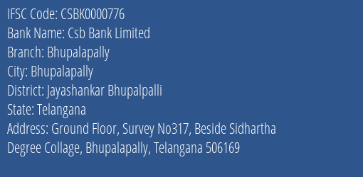 Csb Bank Limited Bhupalapally Branch, Branch Code 000776 & IFSC Code Csbk0000776