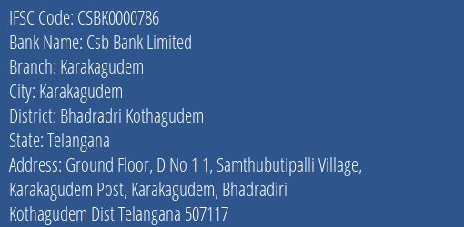 Csb Bank Karakagudem Branch Bhadradri Kothagudem IFSC Code CSBK0000786