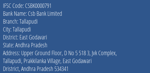 Csb Bank Tallapudi Branch East Godavari IFSC Code CSBK0000791