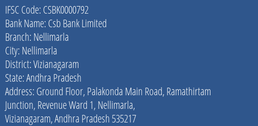 Csb Bank Limited Nellimarla Branch, Branch Code 000792 & IFSC Code Csbk0000792