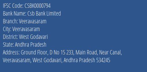 Csb Bank Veeravasaram Branch West Godavari IFSC Code CSBK0000794