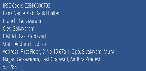 Csb Bank Limited Gokavaram Branch, Branch Code 000798 & IFSC Code Csbk0000798