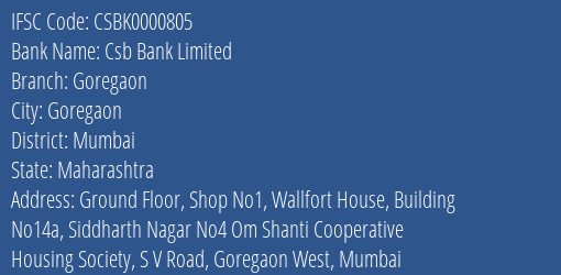 Csb Bank Goregaon Branch Mumbai IFSC Code CSBK0000805