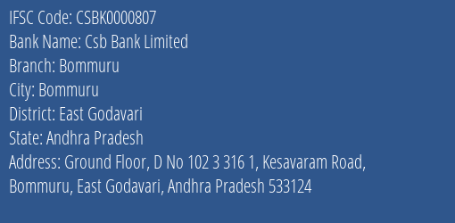 Csb Bank Bommuru Branch East Godavari IFSC Code CSBK0000807