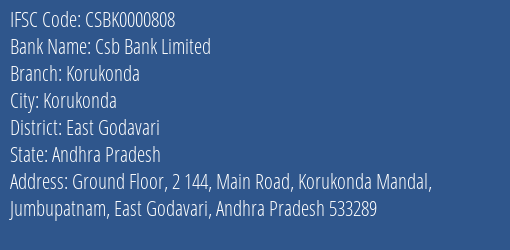 Csb Bank Korukonda Branch East Godavari IFSC Code CSBK0000808